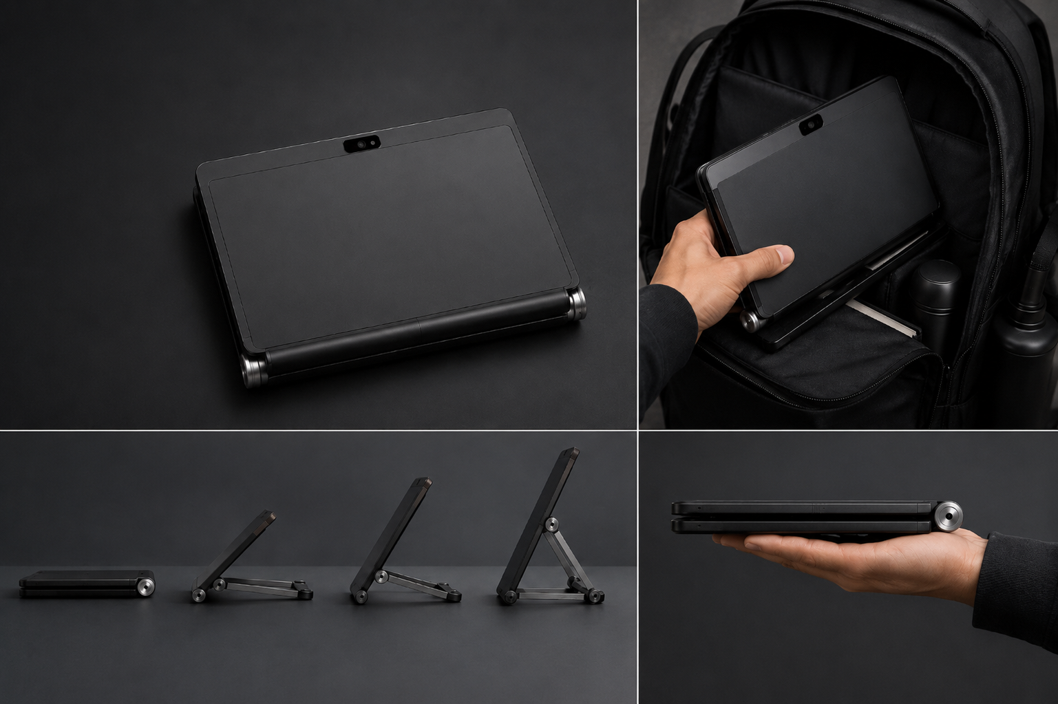 Concept rendering collage showing a portable foldable rehabilitation device and carrying format.